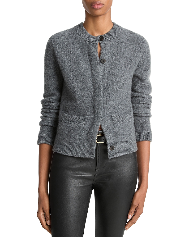 Vince Shrunken Boiled Cashmere Crewneck Cardigan In Gray