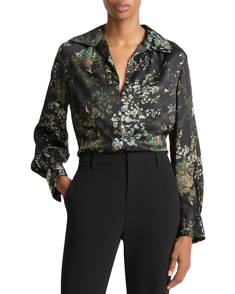 Vince Grape Vine Placed Smocked Silk Blouse