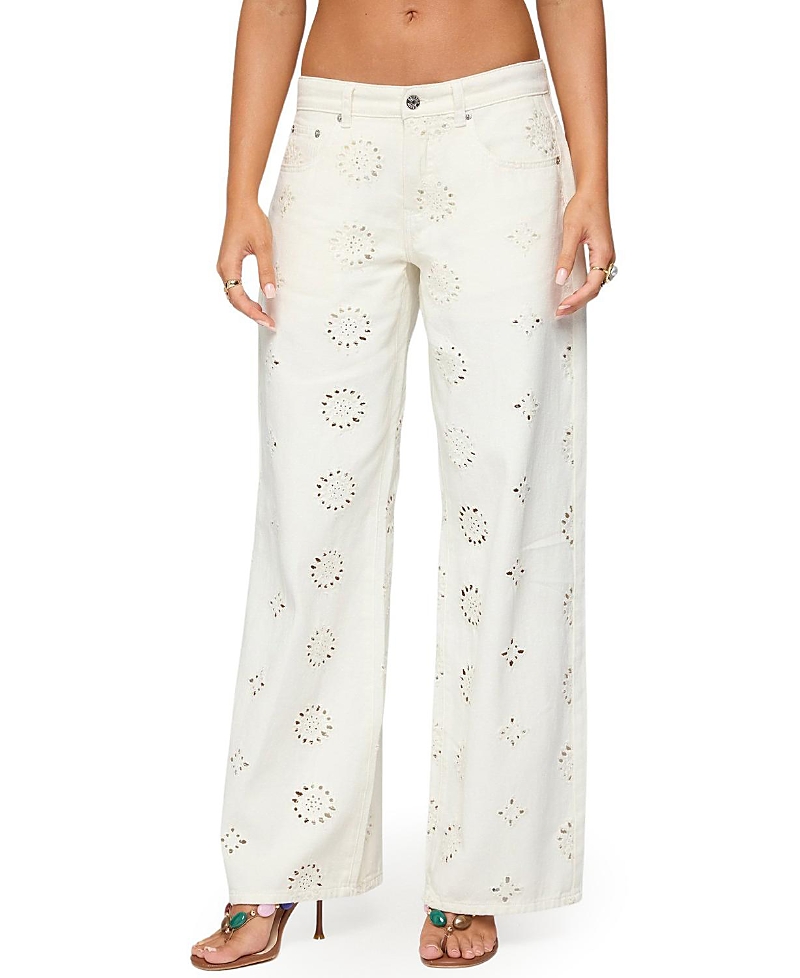 Edikted Eyelet Low Rise Wide Leg Jeans in White Wash