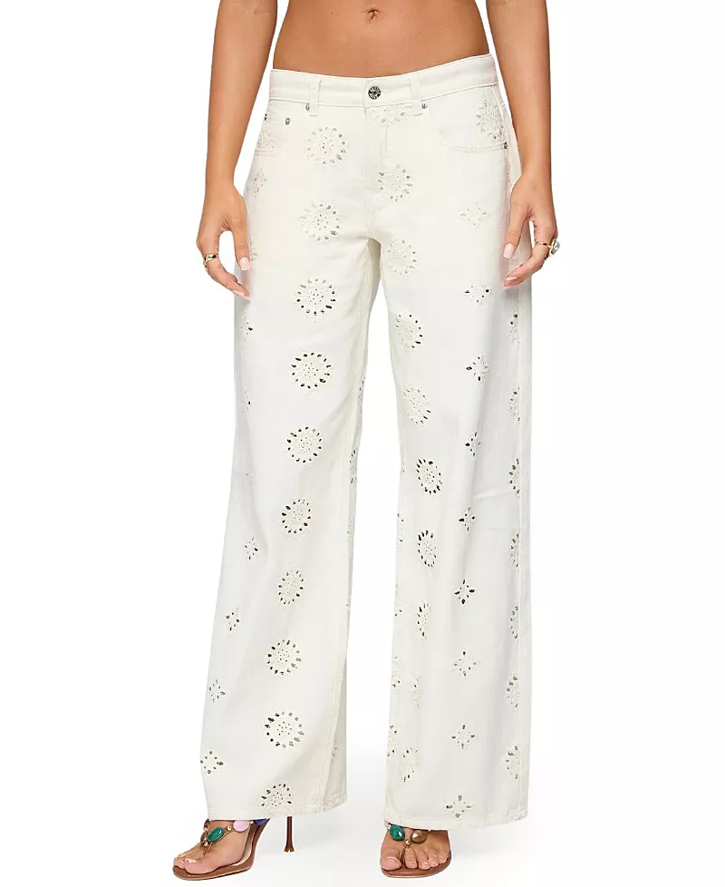 Edikted Eyelet Low Rise Wide Leg Jeans in White Wash