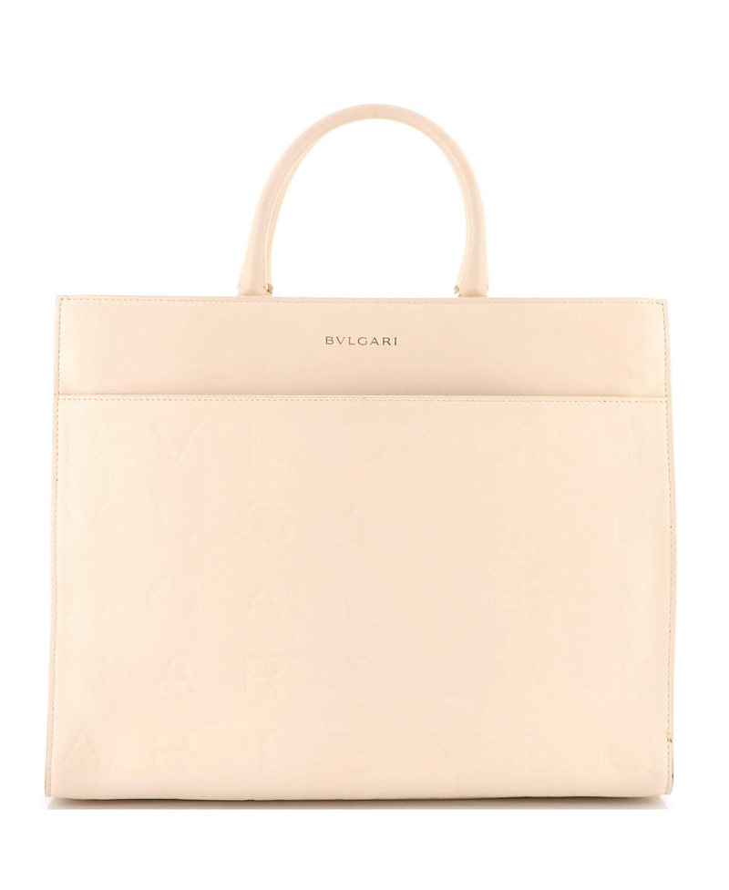Pre-owned Pre-owned Bvlgari Bvlgari Medium Logo Convertible Tote Embroidered Leather In Neutral