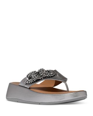 Women's F-Mode Beaded Chain Leather Toe Post Sandals