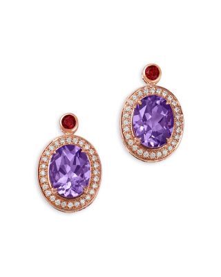 Amethyst, Garnet & Diamond Halo Stud Earrings in 14K Rose Gold