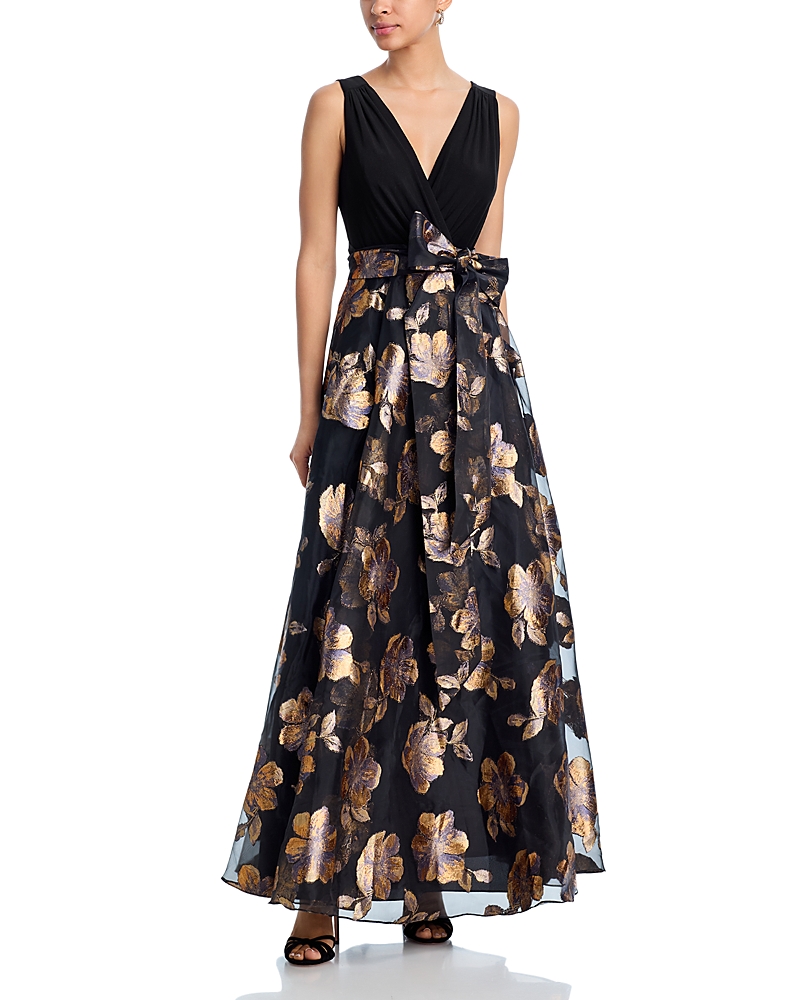 Eliza J Sleeveless Wrap Surplice Bodice Ballgown Skirt And Sash In Multi