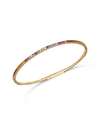 Rainbow Sapphire Narrow Bangle Bracelet in 14K Yellow Gold