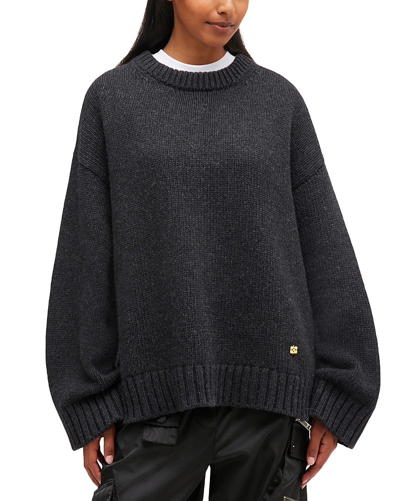 Ganni Chunky Mixed Wool-blend Crewneck Sweater In Black