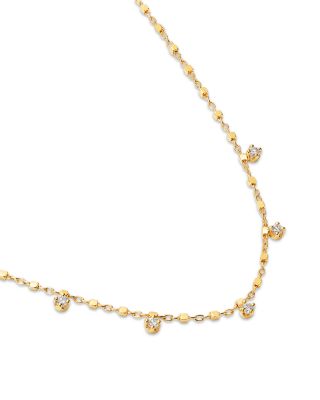 14K Yellow Gold Prong Diamonds Dangling Square Bead Chain Necklace, 16"