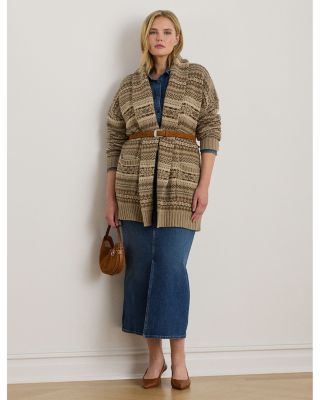 Plus Fair Isle Belted Wool Blend Cardigan