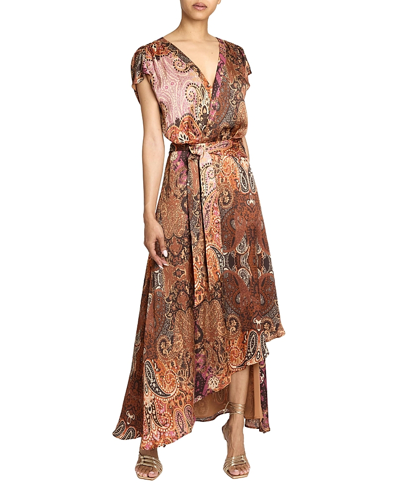 Santorelli Fallon Midi Dress With Hi-lo Skirt In Printed Charmeuse In Multi