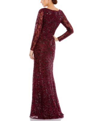 Long Sleeve Ruched Sequined V-Neck Gown