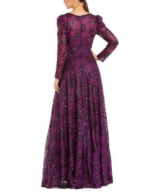 Embellished V-Neck Long Sleeve A Line Gown