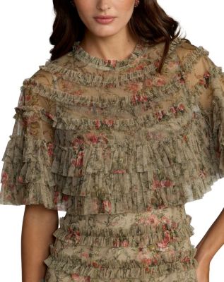 Floral Mesh Ruffle Midi Dress