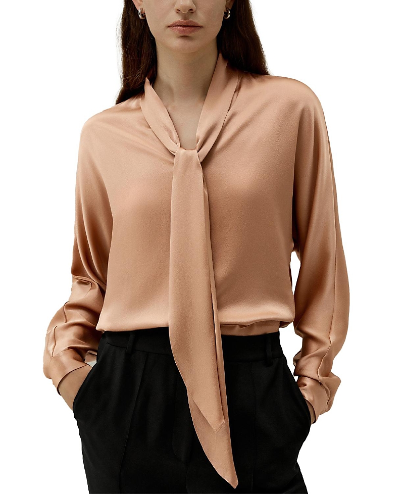Lilysilk Bat Sleeve Silk Top With Adjustable Neck Tie In Brown