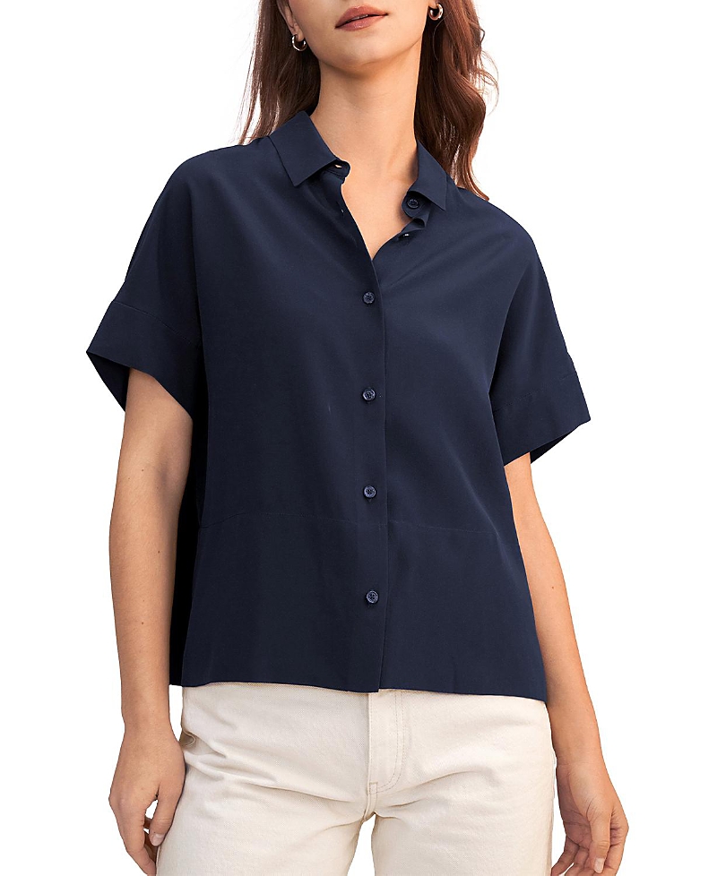 Lilysilk Casual Short Sleeves Loose Silk Shirt In Blue