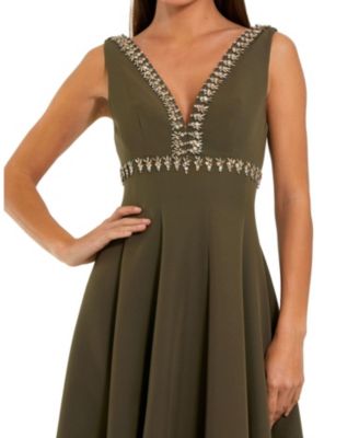 Women's Rhinestone Embellished Crepe A Line Midi Dress