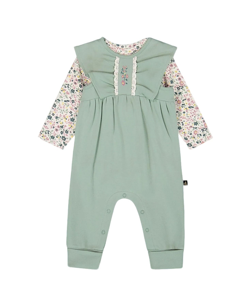 Deux Par Deux Girls' Organic Cotton Bodysuit And Sleeveless Overalls Set - Baby In Green