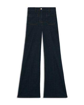 Petite Sakura Patch Pocket High Rise Flare Jeans in Dark Blue