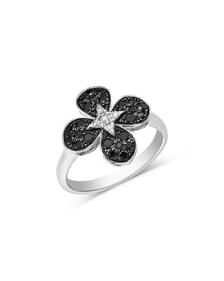 Black & White Diamond Clover Ring in 14K White Gold, 0.50 tcw