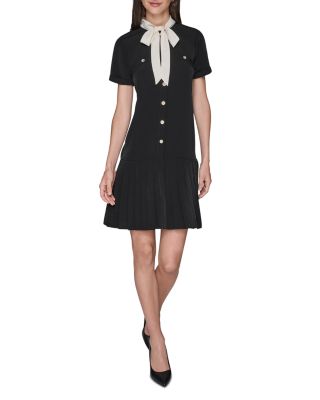 Bow Neck Pleated Skirt Dress