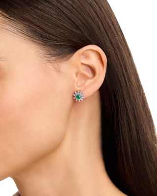 Emerald & Diamond Flower Stud Earrings in 14K White Gold