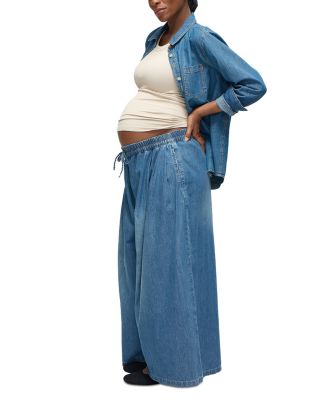 Wide Leg Drawstring Denim Maternity Pants in Med Wash