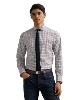 Cotton Stretch Poplin Gingham Check Classic Fit Button Down Shirt