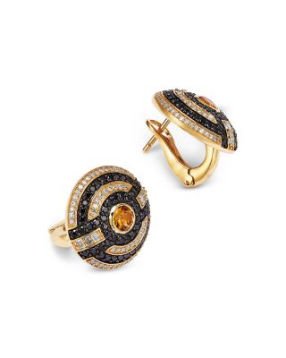 Citrine, Black & White Diamond Circle Stud Earrings in 14K Yellow Gold