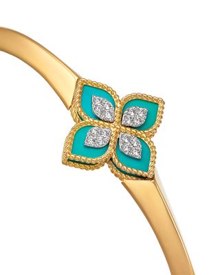 18K White &amp; Yellow Gold Venetian Princess Turquoise &amp; Diamond Flower Bangle Bracelet