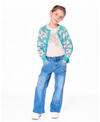 Girls' Wide Leg Stretch Jeans with Flower Stitching - Little Kid