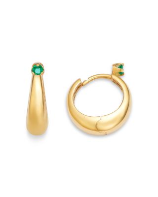 14K Yellow Gold Emerald Gemstones Emerald Tapered Hoop Earrings