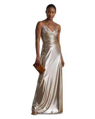 Pleated Metallic Chiffon Sleeveless Gown