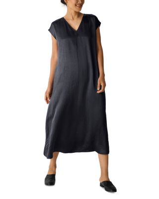 Satin V Neck Cap Sleeve Midi Dress