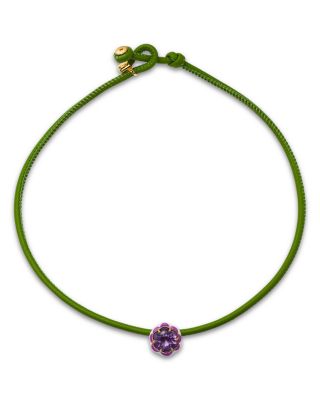 Bea Bongiasca - Sterling Silver & 9K Yellow Gold Amethyst Flower Green Leather Cord Pop Choker Necklace, 16.5"