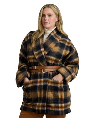 Plaid Wool Blend Shawl Collar Wrap Coat