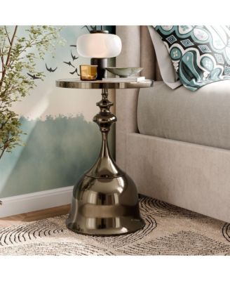 Knoll 16" Iron Round End Table with Marble-Pattern Top and Bell Base