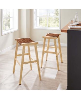 Saoirse Leather Wood Bar Stool, Set of 2