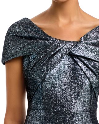 Metallic Jacquard Twist Bodice Off-the-Shoulder Gown