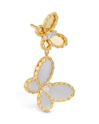 18K Yellow Gold Jasmine Mother of Pearl & Diamond Butterfly Dangle Drop Earrings
