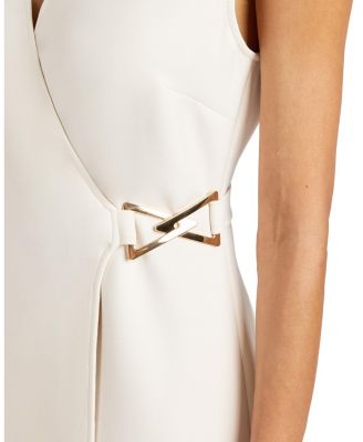 Ursa Sleeveless Faux Wrap Dress with Metal Buckle in Stretch Crepe