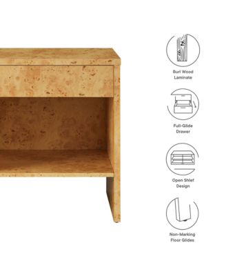 Hudson 1-Drawer Burl Wood Nightstand With Shelf