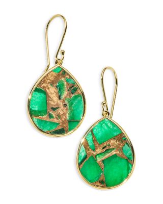18K Yellow Gold Pol RC Bronze Dyed Green Quartz Slice Mini Teardrop Drop Earrings