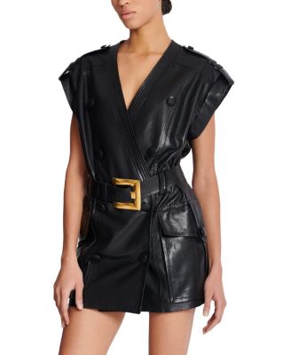  Lambskin Leather Short Belted Dress
