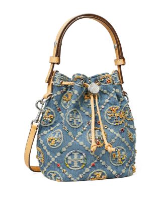 T Monogram Embellished Denim Bucket Bag