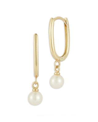 Freshwater Pearl Charm Oval Hoop Earrings in 14K Yellow Gold