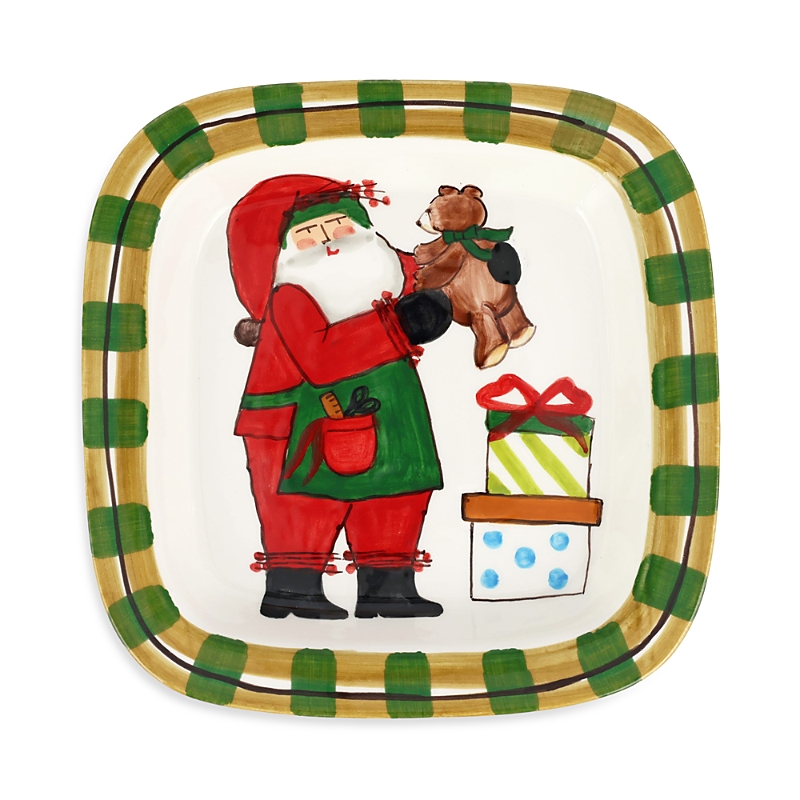 Vietri Old St. Nick Small Rimmed Square Platter With Teddy Bear In Red