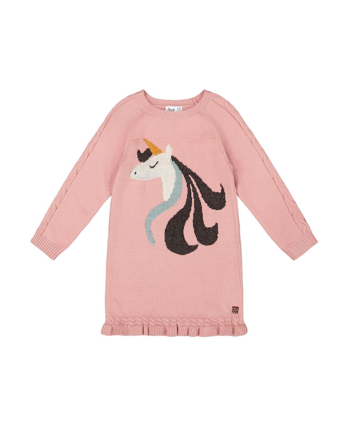 Deux par Deux Girls' Knitted Dress with Unicorn Intarsia - Little Kid