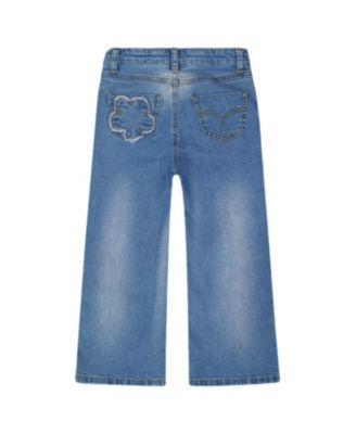 Girls' Wide Leg Stretch Jeans with Flower Stitching - Big Kid