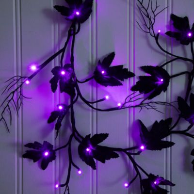 6.5' Pre-Lit Artificial Halloween Black Maple Garland with 48 Orange & Purple LED Lights