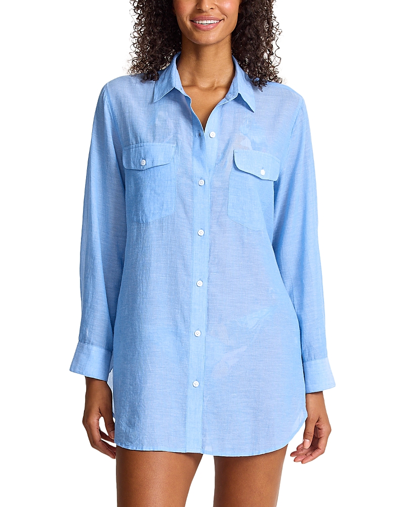 Tommy Bahama Relaxed Boyfriend Shirt Swim Cover-up In Blue