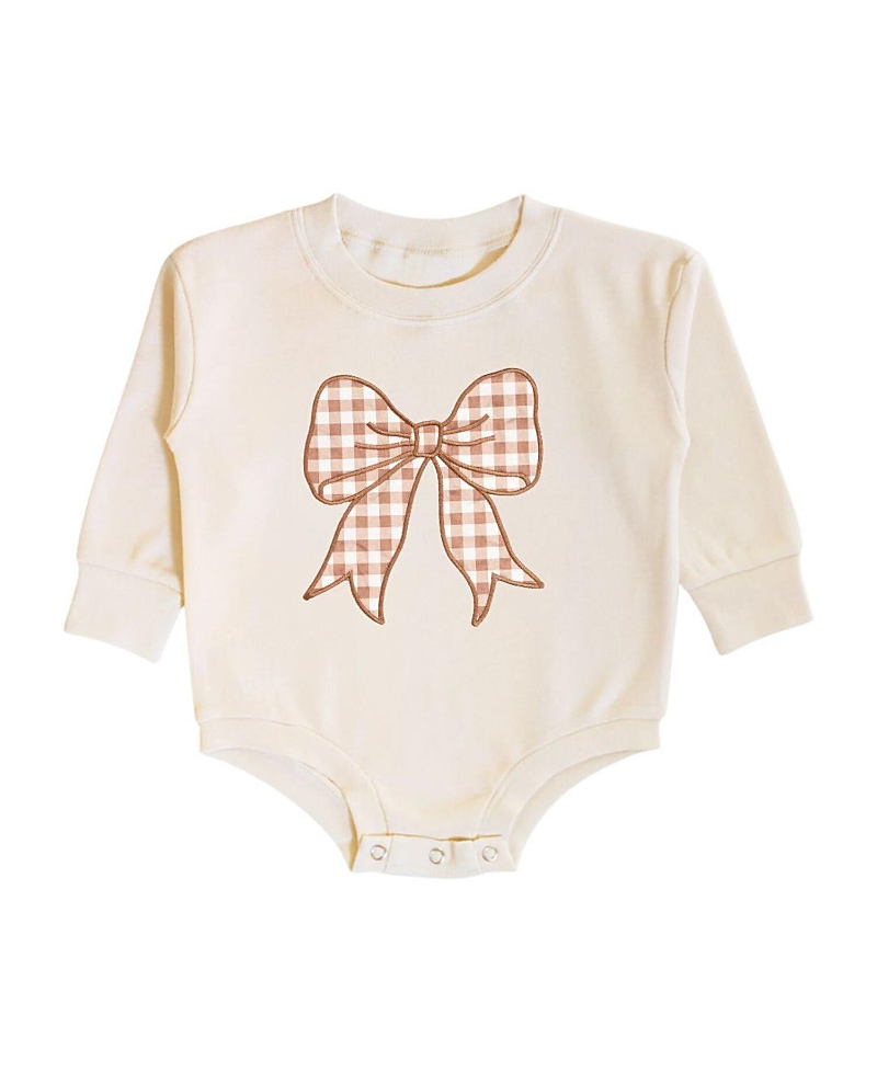 Sweet Wink Girls' Gingham Bow Patch Long Sleeve Romper - Baby In Neutral